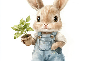 Cute bunny gardener holding potted p, an Animal Photo by Pixeness Studio