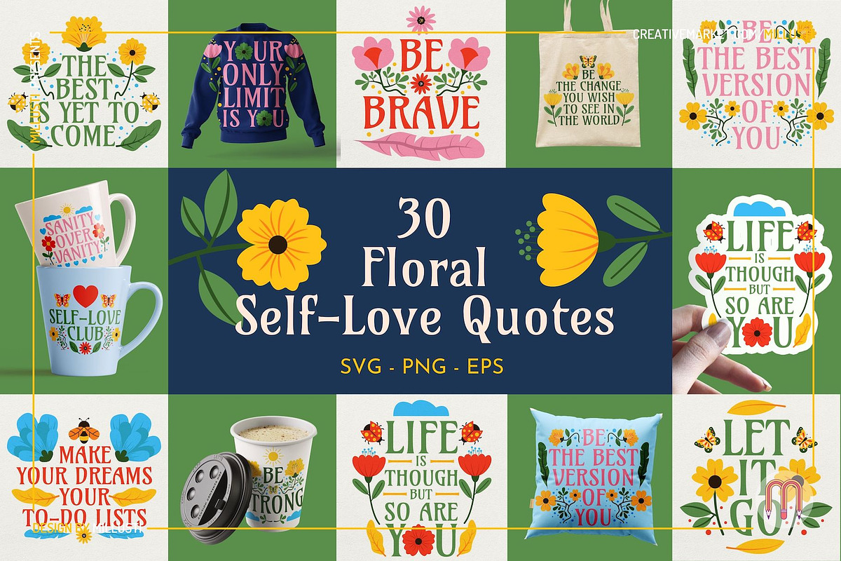 30 Floral Self-Love Quotes SVG & EPS, a Decorative Illustration by Millusti (Photo 1 of 9)