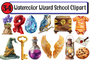 Watercolor Wizard School Clipart, an Illustration by Design Market