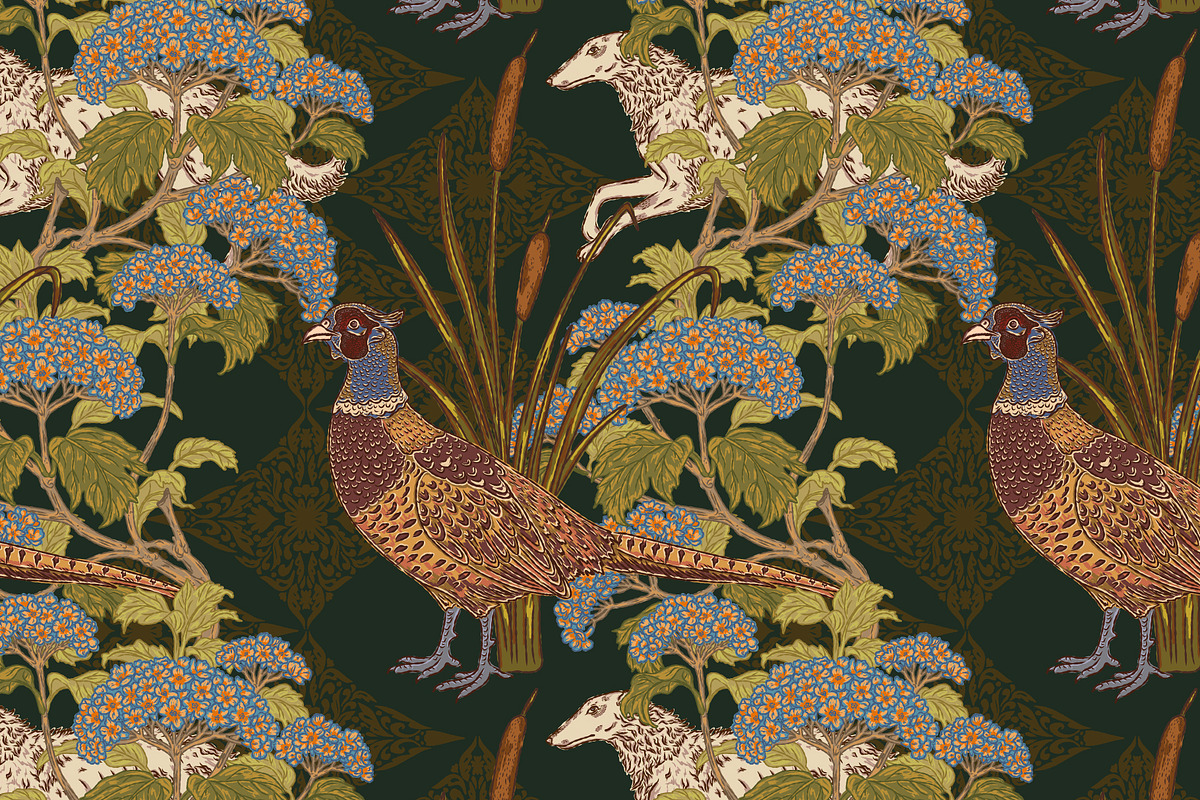 Pheasant, Hydrangea, Borzoi, a Pattern Graphic by NayaChu (Photo 3 of 9)