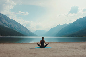 Yoga practice by the lake at dawn, a Photo by Beautiful things
