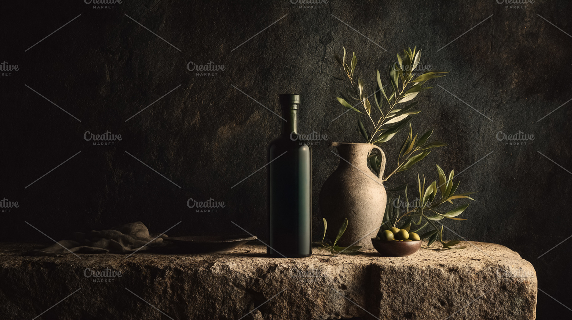 Olive oil bottle, rustic pitcher, and fresh olives on a rough st, a Photo by Studio ANNA