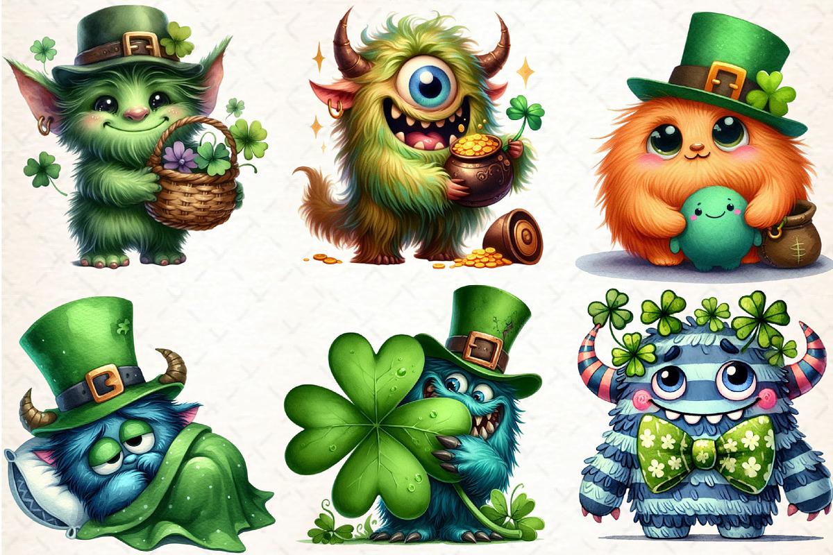 Watercolor St .Patricks Monsters Cli, an Illustration by DreamCafeArt (Photo 3 of 4)