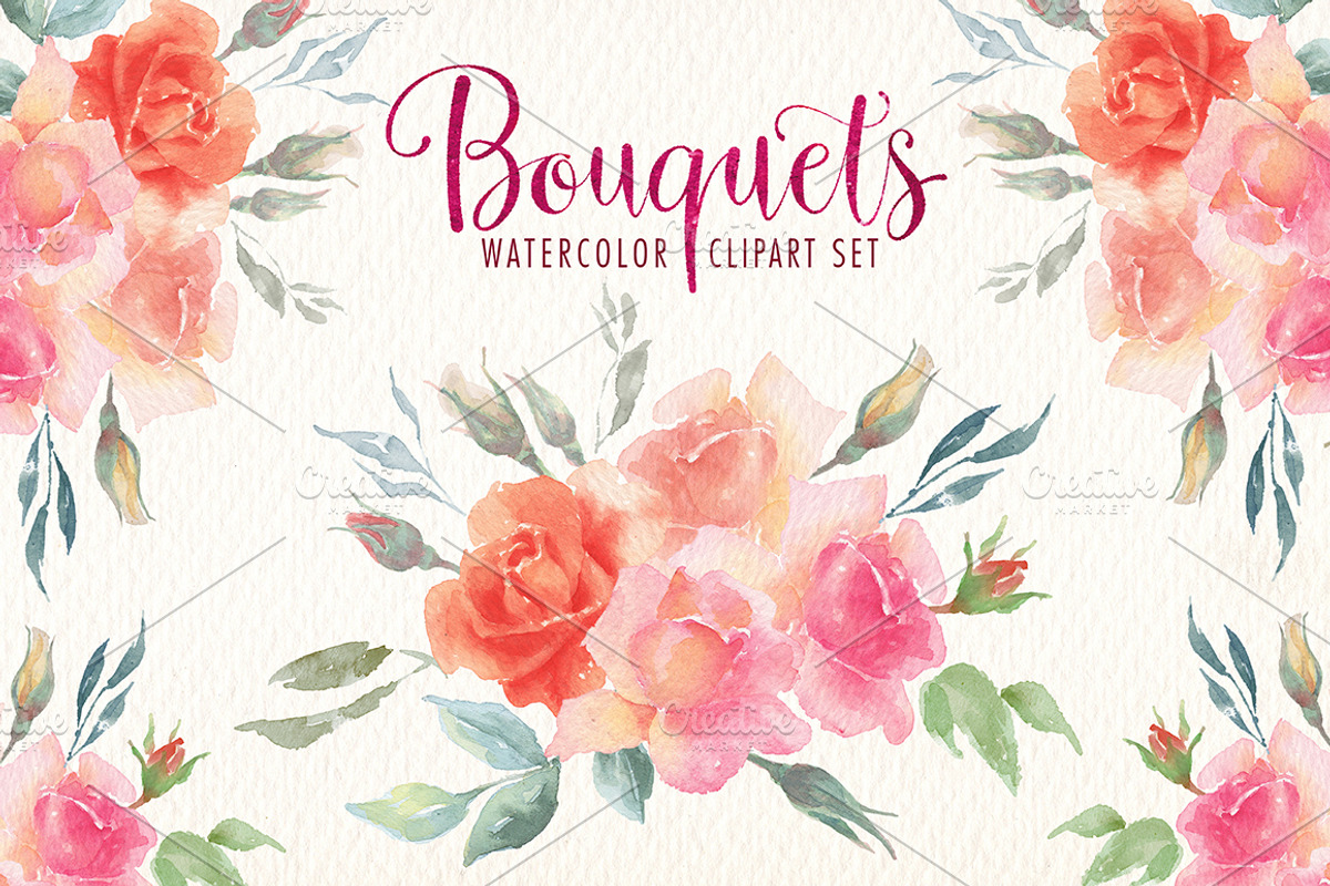 Watercolor bouquets clipart set, an Illustration by Art & Things (Photo 1 of 5)