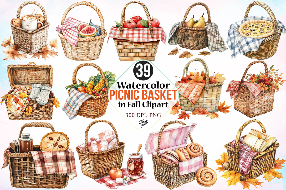 Watercolor Picnic Basket in Fall PNG, an Illustration by Canvas Craft (Photo 1 of 4)