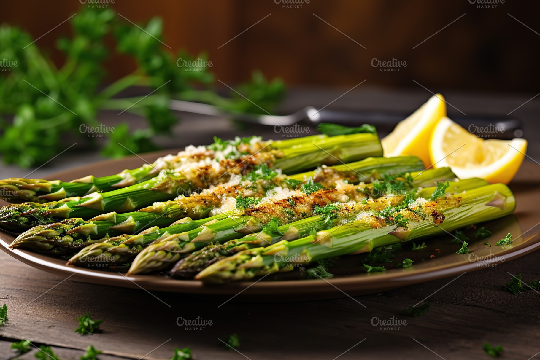 Baked asparagus with spices and lemon slices on wooden background, a Food & Drink Photo by AlyaAnd