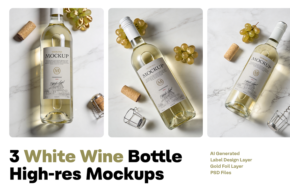 White Wine Bottle Mockup Marble Set, a Packaging Mockup by rodrigofkaminski (Photo 1 of 4)