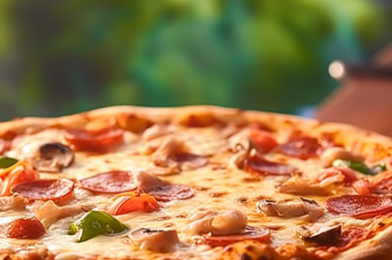 Pizza capricciosa homemade outdoors in the garden, online delive, a Photo by Anneleven
