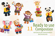 Watercolor Back to School and Animal, an Animal Illustration by Apixsala (Thumbnail 2 of 12)