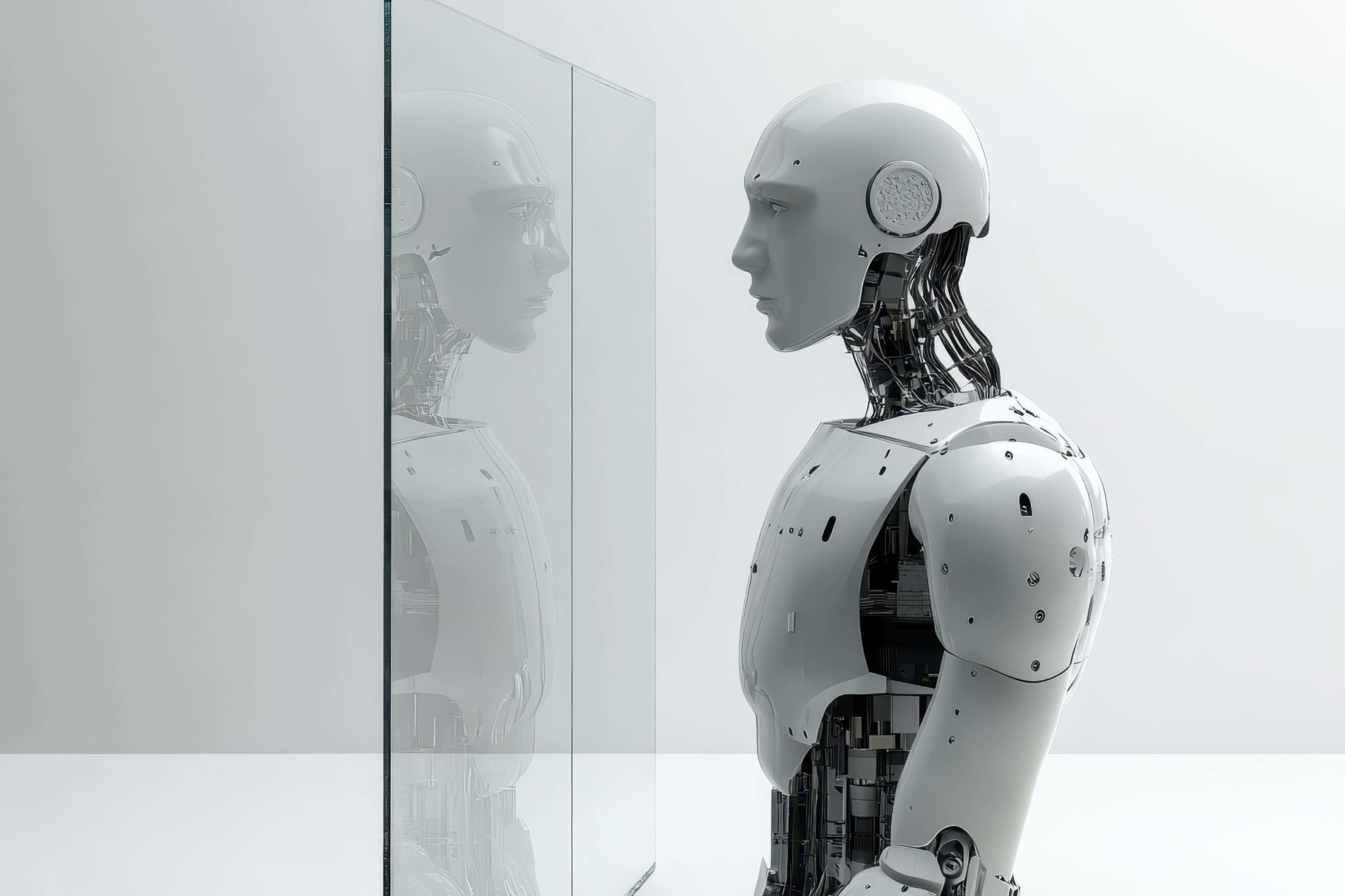 Humanoid robot reflecting in a glass, a Photo by Tanuart