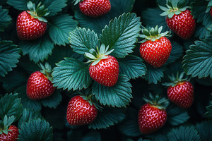 Fresh ripe strawberries nestled amon, a Photo by Tanuart