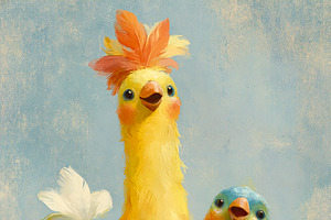 Three whimsical colorful birds standing together, a happy cheerf, an Illustration by Studio ANNA