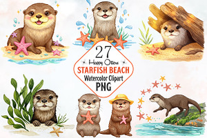 Happy Otters & Starfish Beach Clipar, an Illustration by RobertsArt