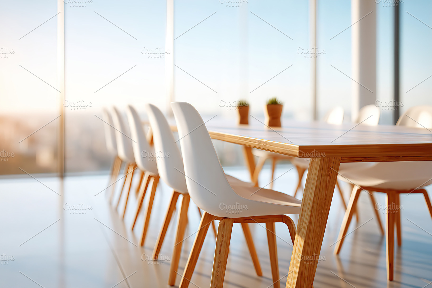 Boardroom with empty chairs and a modern table overlooking the city skyline at, a Business Photo by AlyaAnd