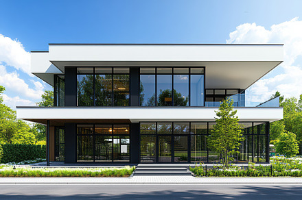 Modern two story house with large wi, an Abstract Photo by Pixeness