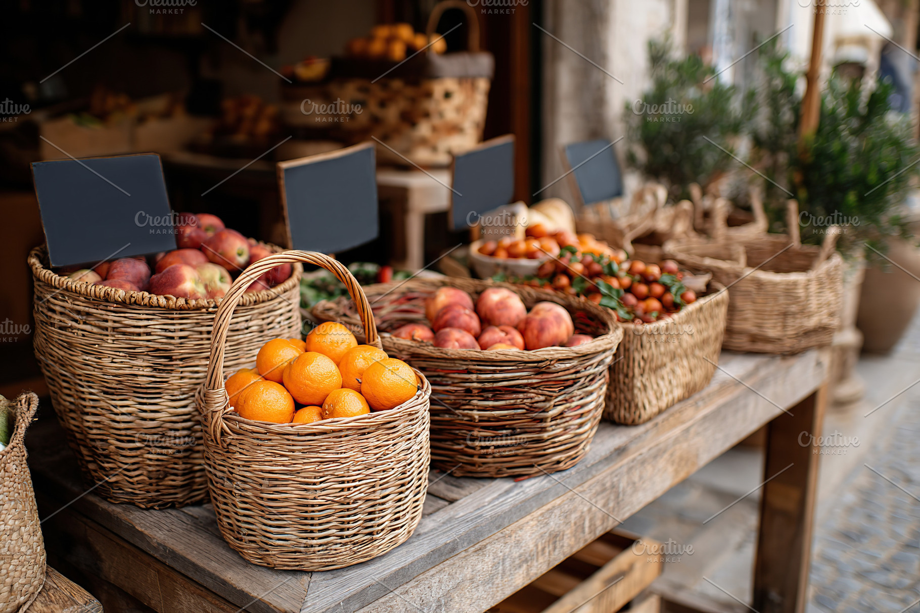Colorful market stand displaying fresh fruits in handmade baskets on a sunny da, a Food & Drink Photo by AlyaAnd