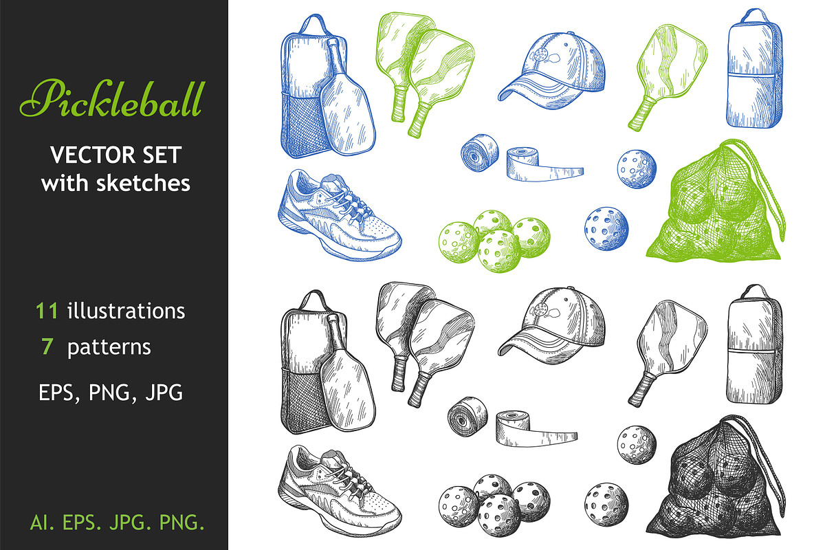 Pickleball Equipment In Sketch Style, a Sport Illustration by Mona Monash (Photo 1 of 3)