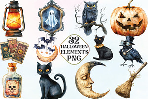 Vintage Halloween Elements Clipart, an Illustration by CraftArtStudio