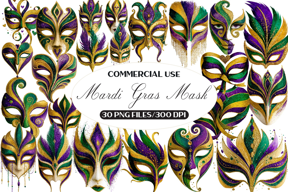Watercolor Mardi Gras Mask Clipart, an Illustration by Black Bird Studio (Photo 1 of 6)