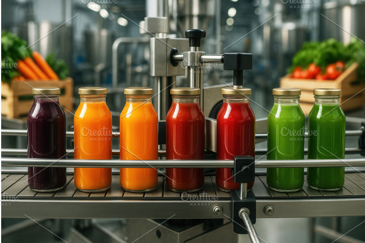 A row of bottled colorful juices on, an Illustration by Sergey Kotenev
