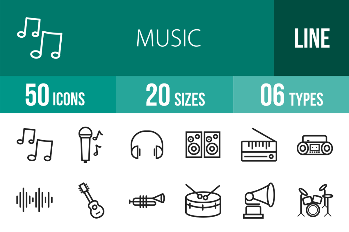 50 Music Line Icons, an Outline Icon by IconBunny (Photo 1 of 3)