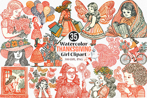 Watercolor Thanksgiving Girl Clipart, an Illustration by Canvas Craft