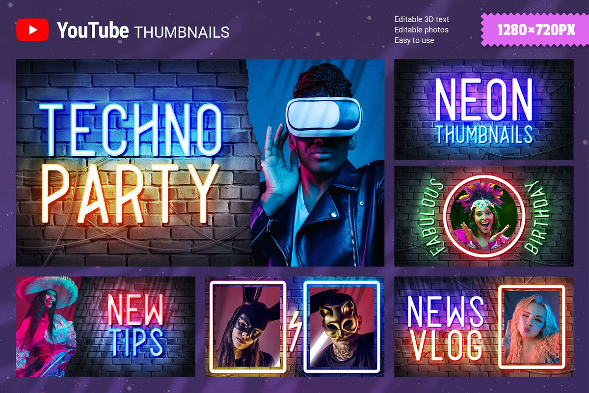 Neon YouTube Thumbnails, a Social Media Template by Andrew Skoch Design