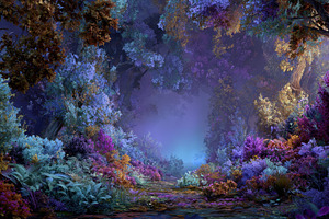 Forest scene with colorful plants, a Photo by Pavel_design