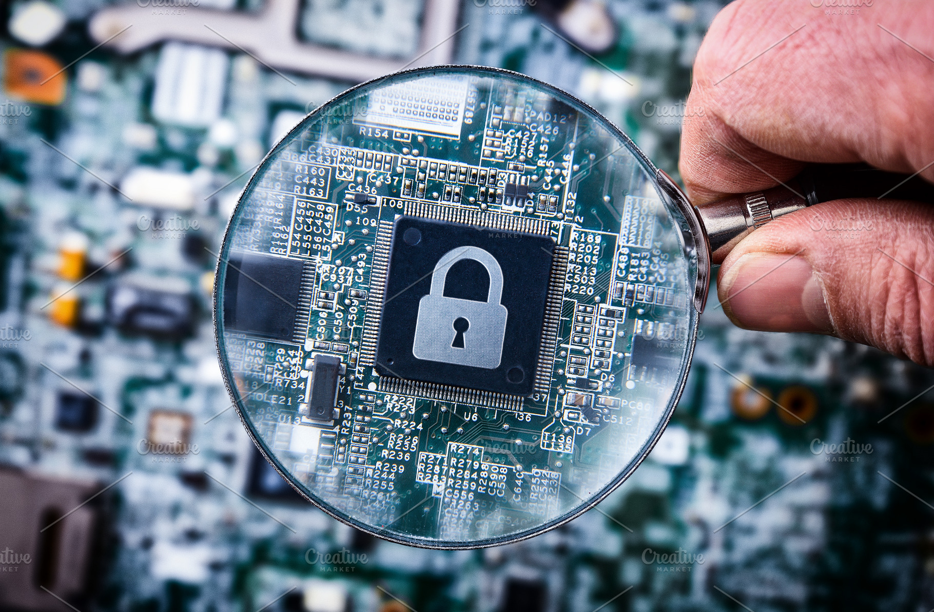 Cybersecurity Chip Under Magnifying Glass, a Technology Photo by Davizro's Market