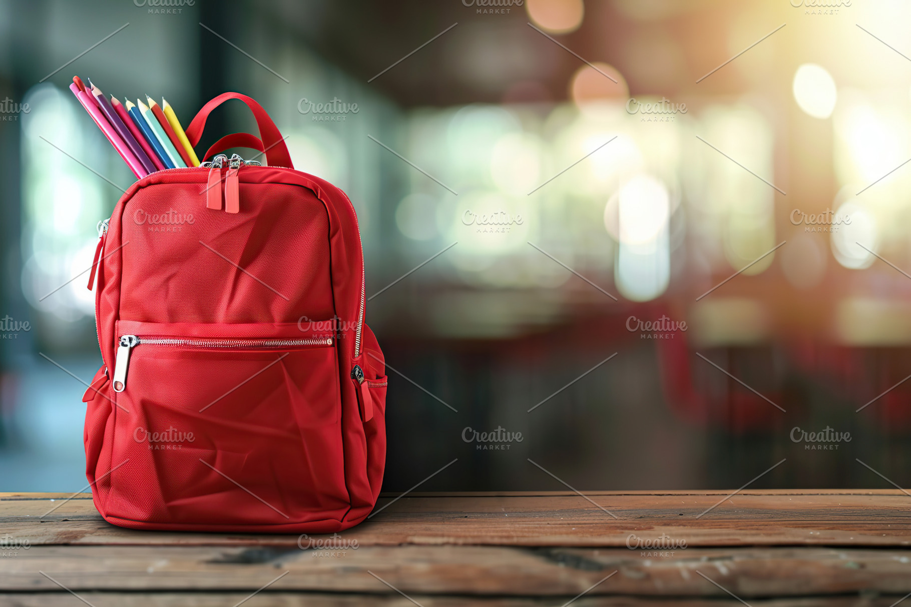 Modern school backpack on blurred classroom background. Back To, a School & Education Photo by AlyaAnd