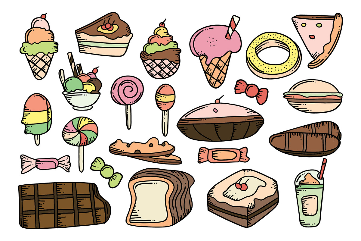 Collection of desserts and sweets, a Food Illustration by Saba Vector