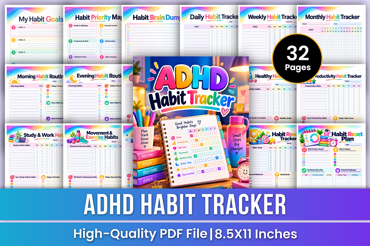 ADHD Habit Tracker | Focus, a Stationery Template by Mustafiz (Photo 1 of 4)