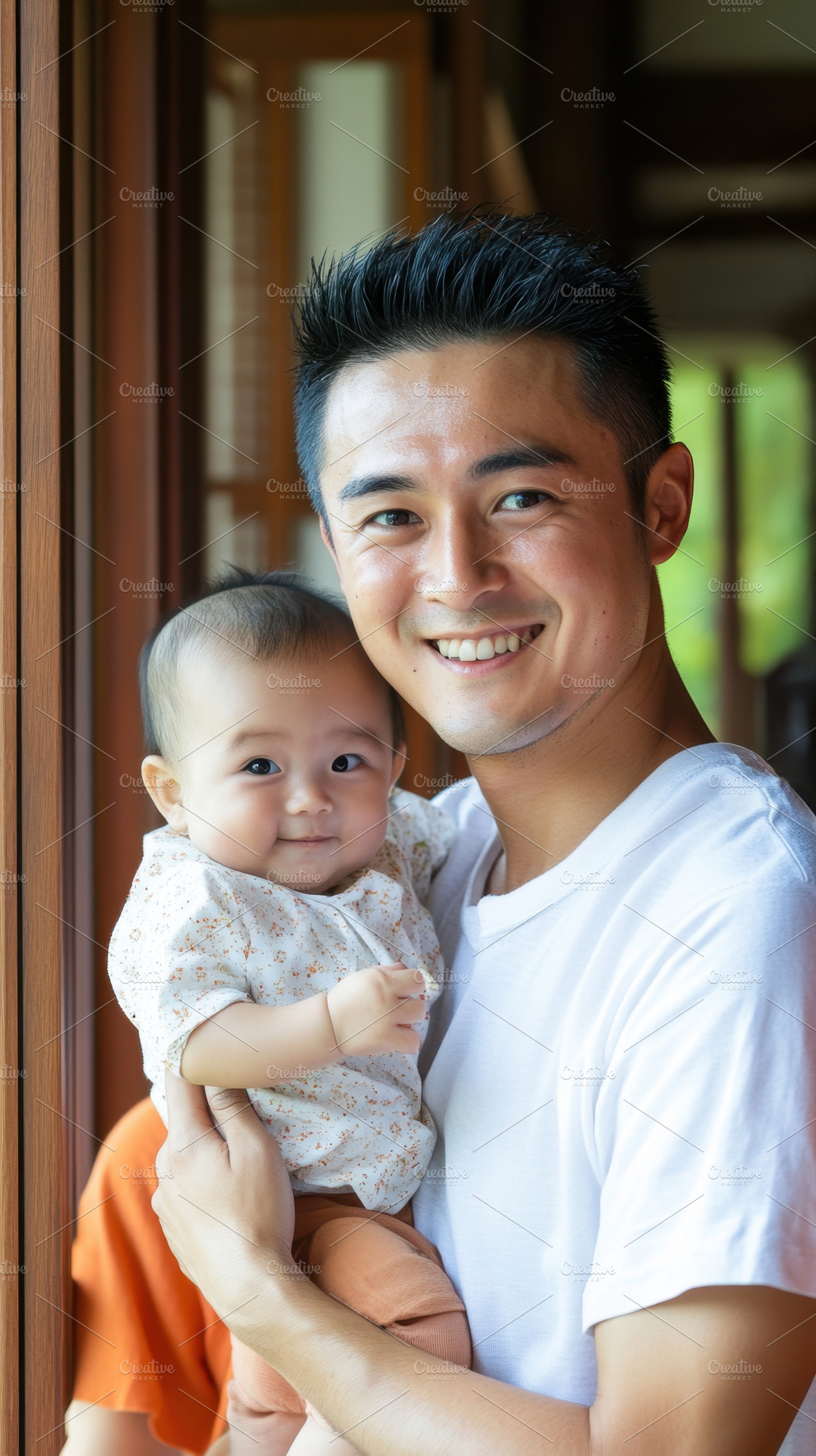 Father and baby bonding inside, a Photo by Beautiful things