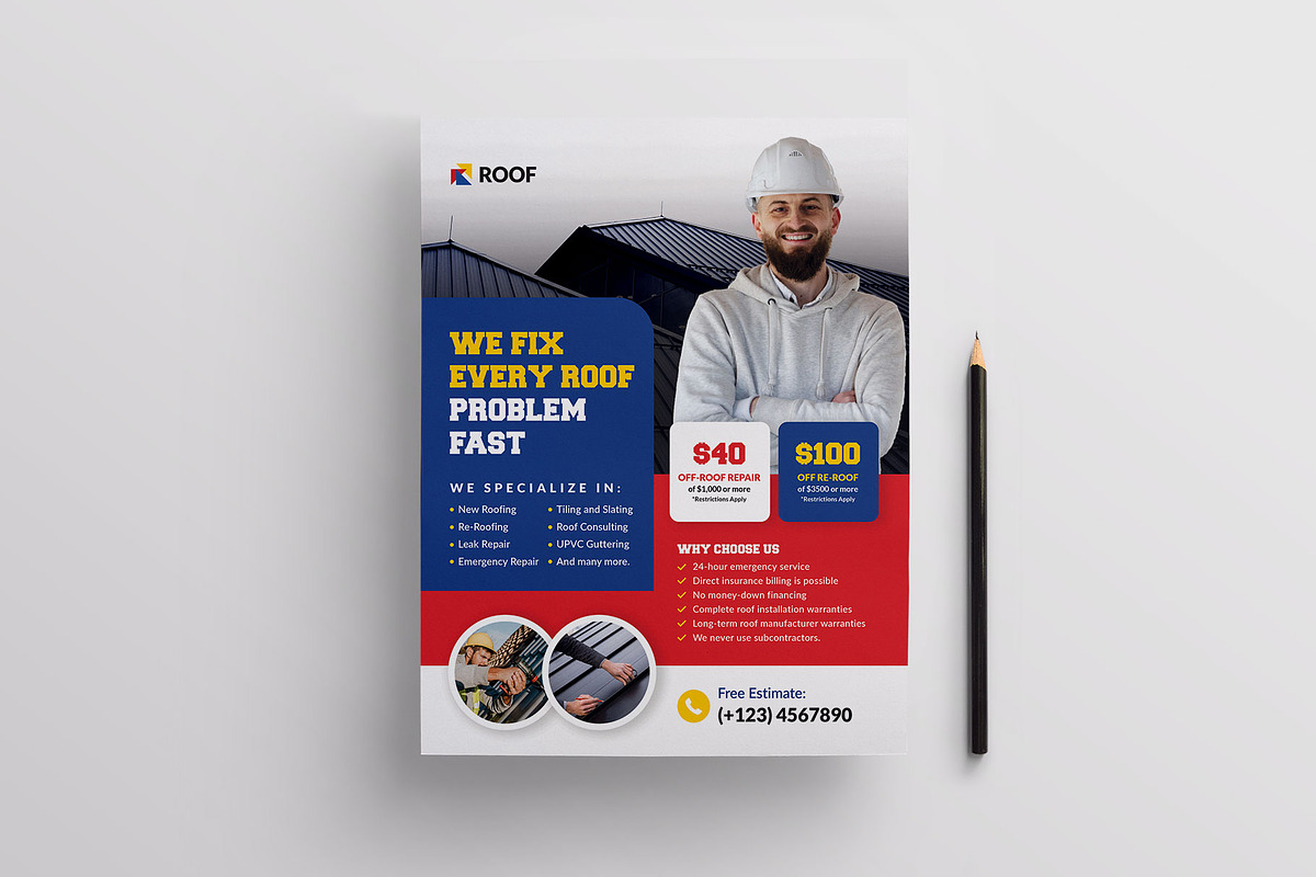 Roofing Service flyer Template, a Flyer Template by DesignOriel (Photo 2 of 2)