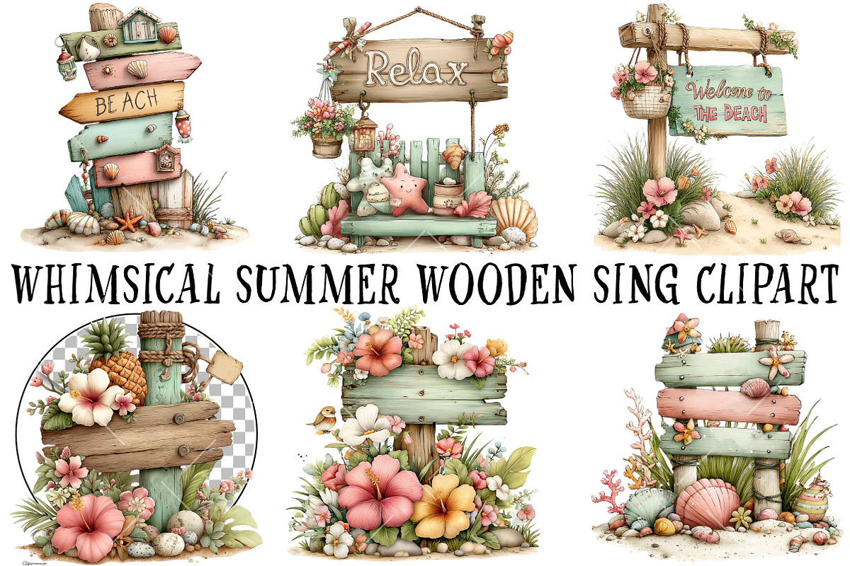 Whimsical Summer Wooden Sing Clipart, an Illustration by OK Design (Photo 2 of 6)