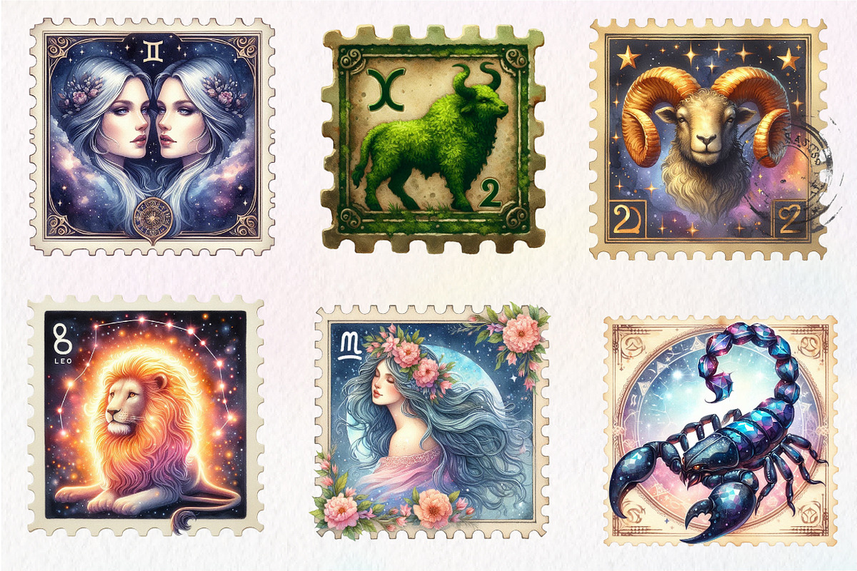 Zodiac Postage Stamps Clipart, an Illustration by CreationArt (Photo 2 of 5)
