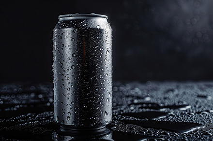 Blank aluminum can with water drops on black background, a Food & Drink Photo by AlyaAnd