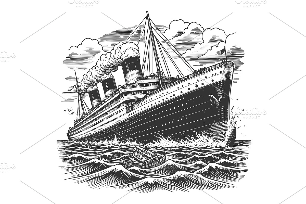 Vintage Ocean Liner engraving vector, a Transportation Illustration by AlexArt