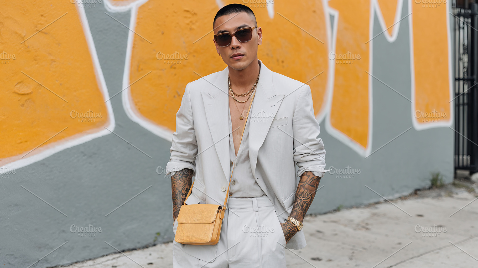Influencer man displays summer fashion near vibrant street art, a Person Photo by OSORIOartist