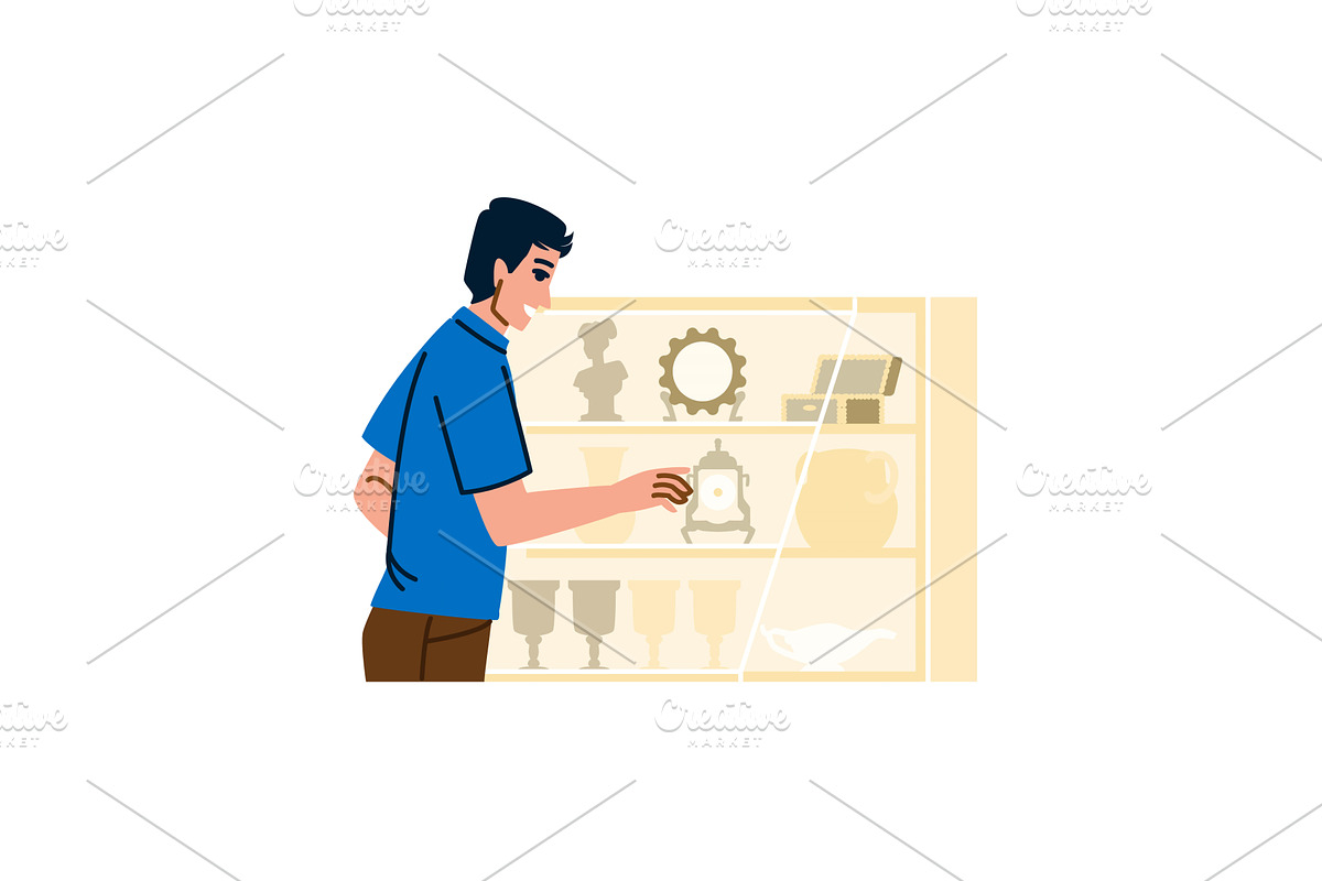 Man choosing vintage table clock in, an Object Illustration by pikepicture