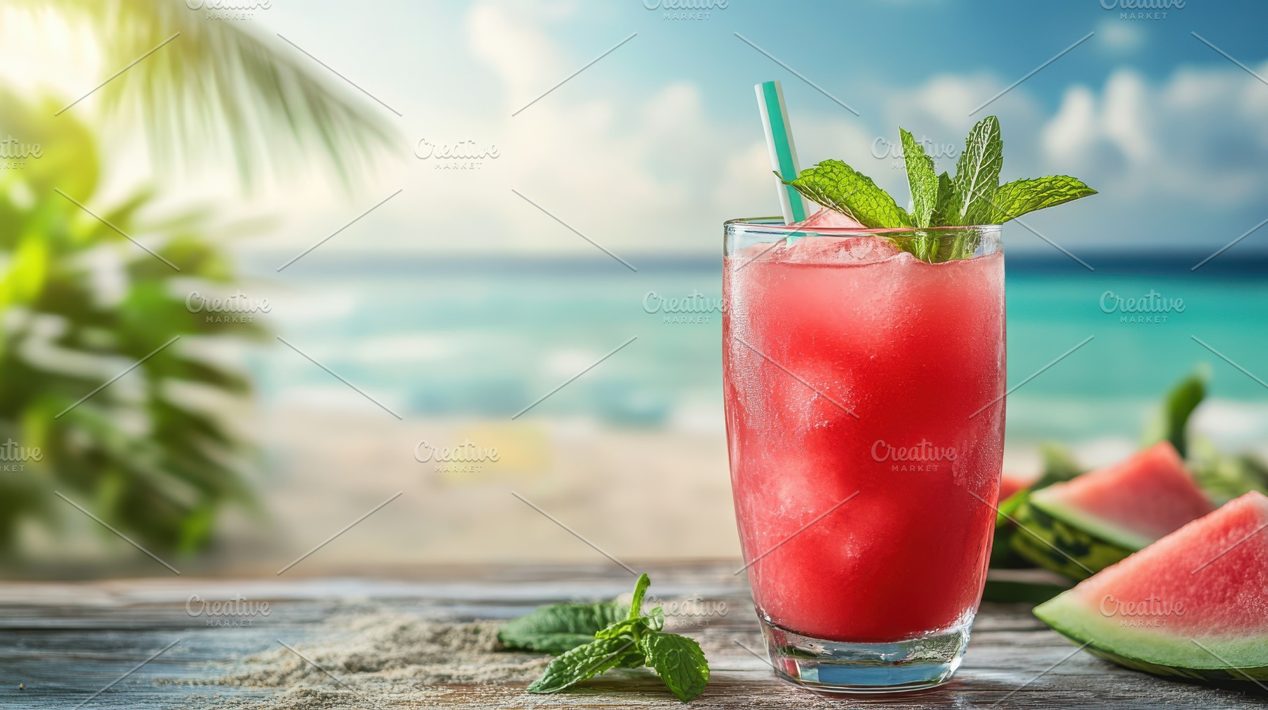 Refreshing watermelon drink on a rus, a Food & Drink Photo by Pixeness Studio