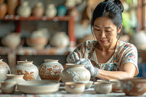 Focused Asian Woman Decorating Handmade Pottery, an Arts & Entertainment Photo by Davizro's Market
