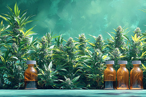 Bottles of extracts with lush green cannabis plants in the background, an Illustration by AS photostudio