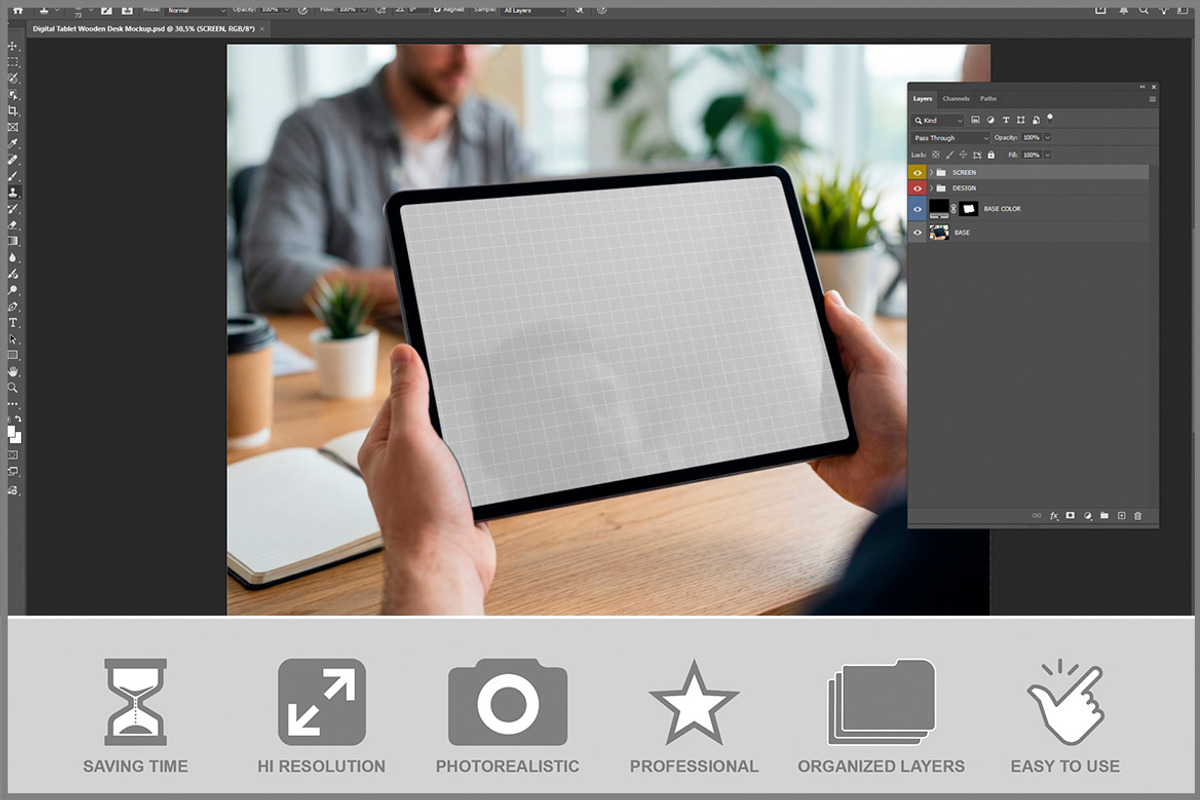 Digital Tablet On Wooden Desk PSD, an iPad Mockup by Bruno's Shop (Photo 2 of 3)