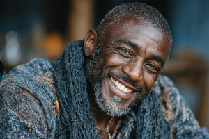 Smiling black man with gray hair and scarf sitting outdoors, a Photo by AS photostudio