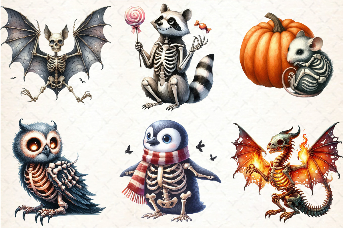 Halloween Skeleton Animals Clipart, an Illustration by DreamCafeArt (Photo 2 of 7)