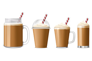 Ice Coffee Icon Set, Realistic Style