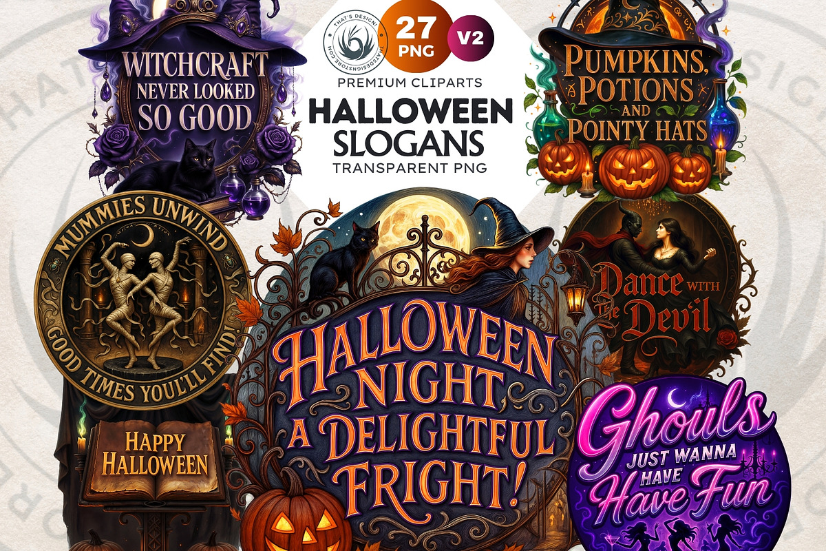 Halloween slogans Clipart V2, a Seasonal Illustration by ThatsDesignArt (Photo 1 of 10)