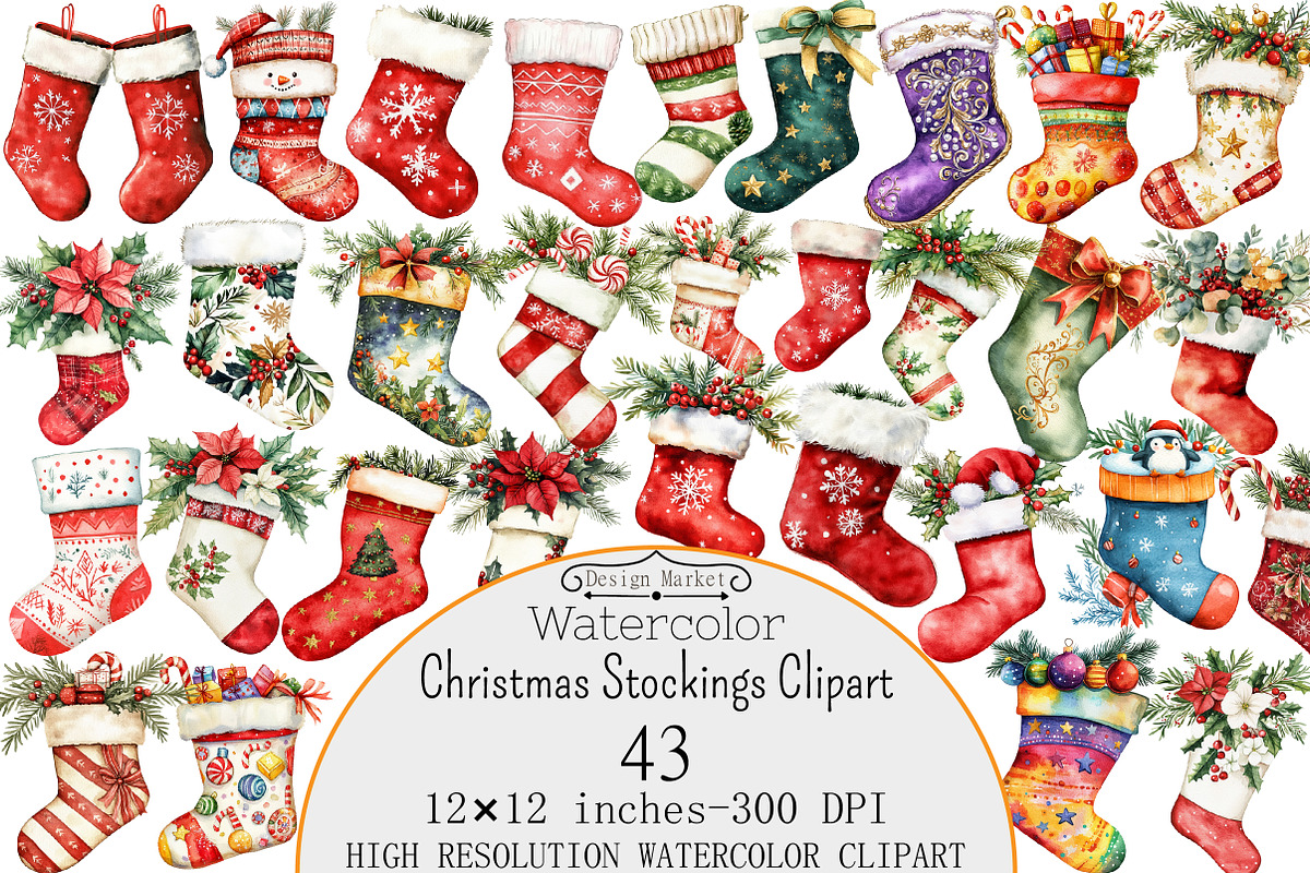 Watercolor Christmas Stockings Clipa, a Seasonal Illustration by Design Market (Photo 1 of 5)