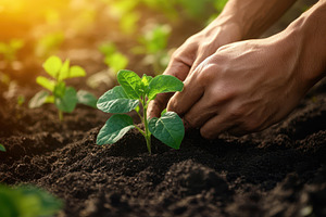 Close-up of farmers hands planting, a Photo by Pavel_design